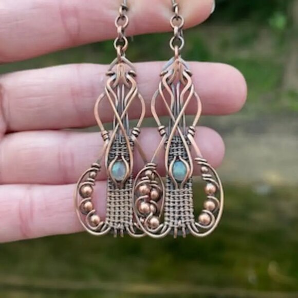 Bohemian Bronze Labradorite Stone Hippy Dangle Earrings - Picture 3 of 8
